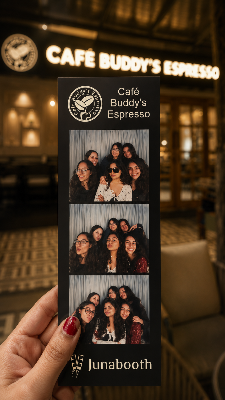 Guest holding Cafe Buddy's photo strip
